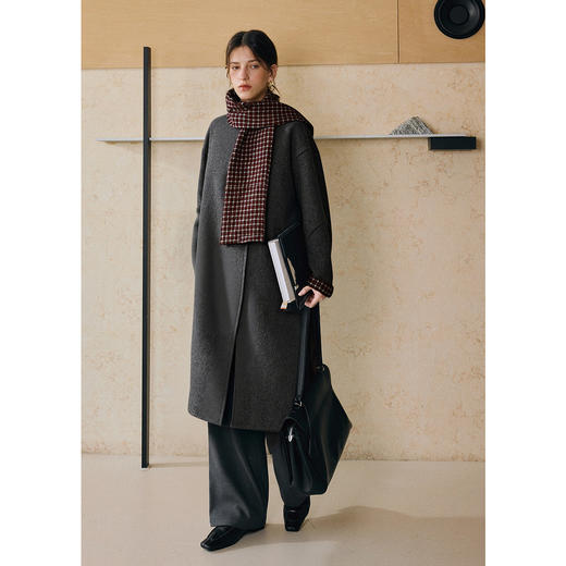 OLrain欧芮儿2025新款女冬季撞色格纹羊毛双面呢大衣长袖宽松外套 商品图2