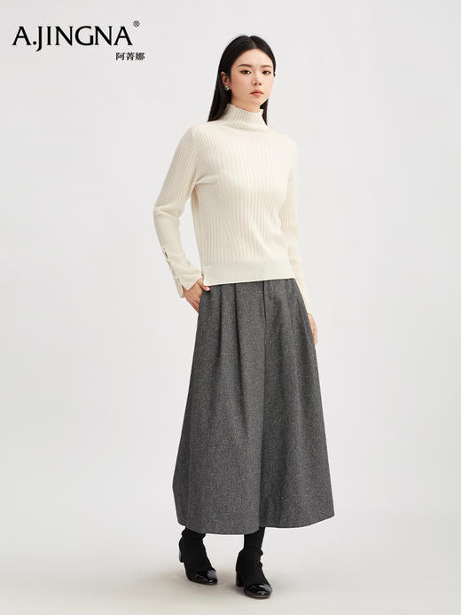 【商场同款】阿菁娜冬季新款超细美利奴羊毛衫半高领坑条修身针织微喇袖贝壳扣亲肤A30D301019 商品图3