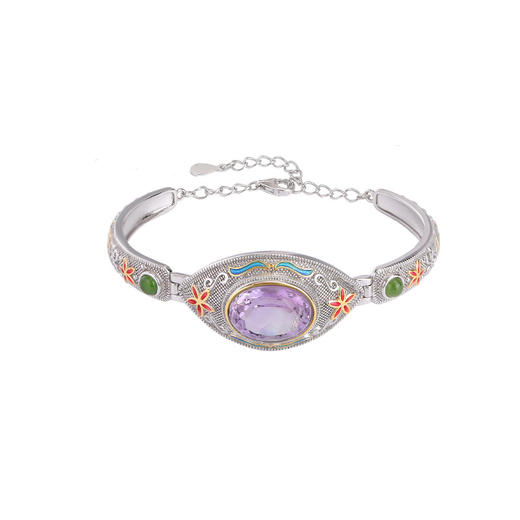 【迎花纳福】S925纯银镀金和田玉碧玉紫水晶珐琅花朵手链【CW-SL11635】 商品图4