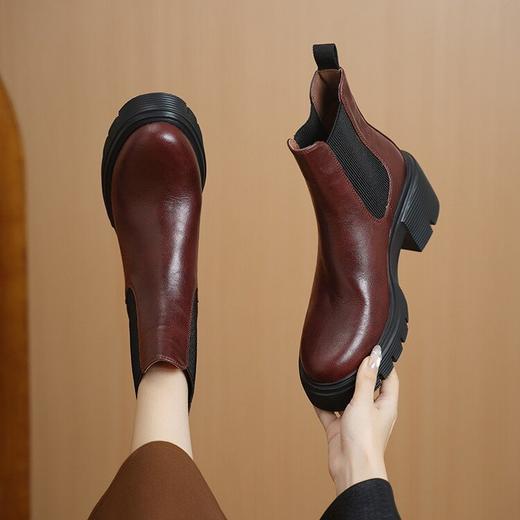 【预售5天】真皮圆头厚底马丁靴女秋冬粗跟防水台烟筒瘦瘦靴切尔西短靴DTN&561-2 商品图0