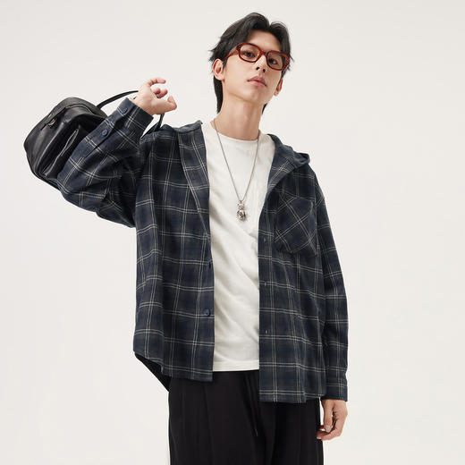gxg.jeans男装 蓝色格纹复古潮流宽松连帽夹克外套男 25秋热卖 商品图1