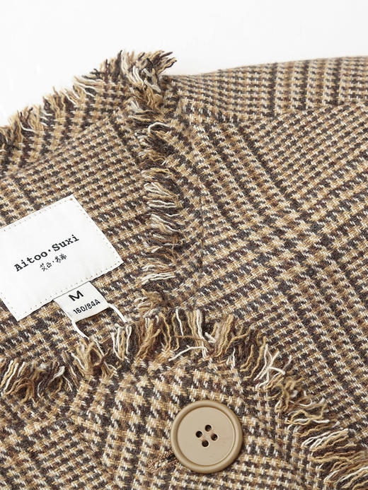 卡其格纹毛边圆领短款外套 秋冬复古小香风多口袋单排扣长袖上衣 商品图2