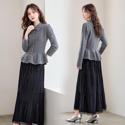 YBER618两件套连衣裙女长袖秋季新法式简约风珍珠圆领收腰气质百搭套装裙 商品图2