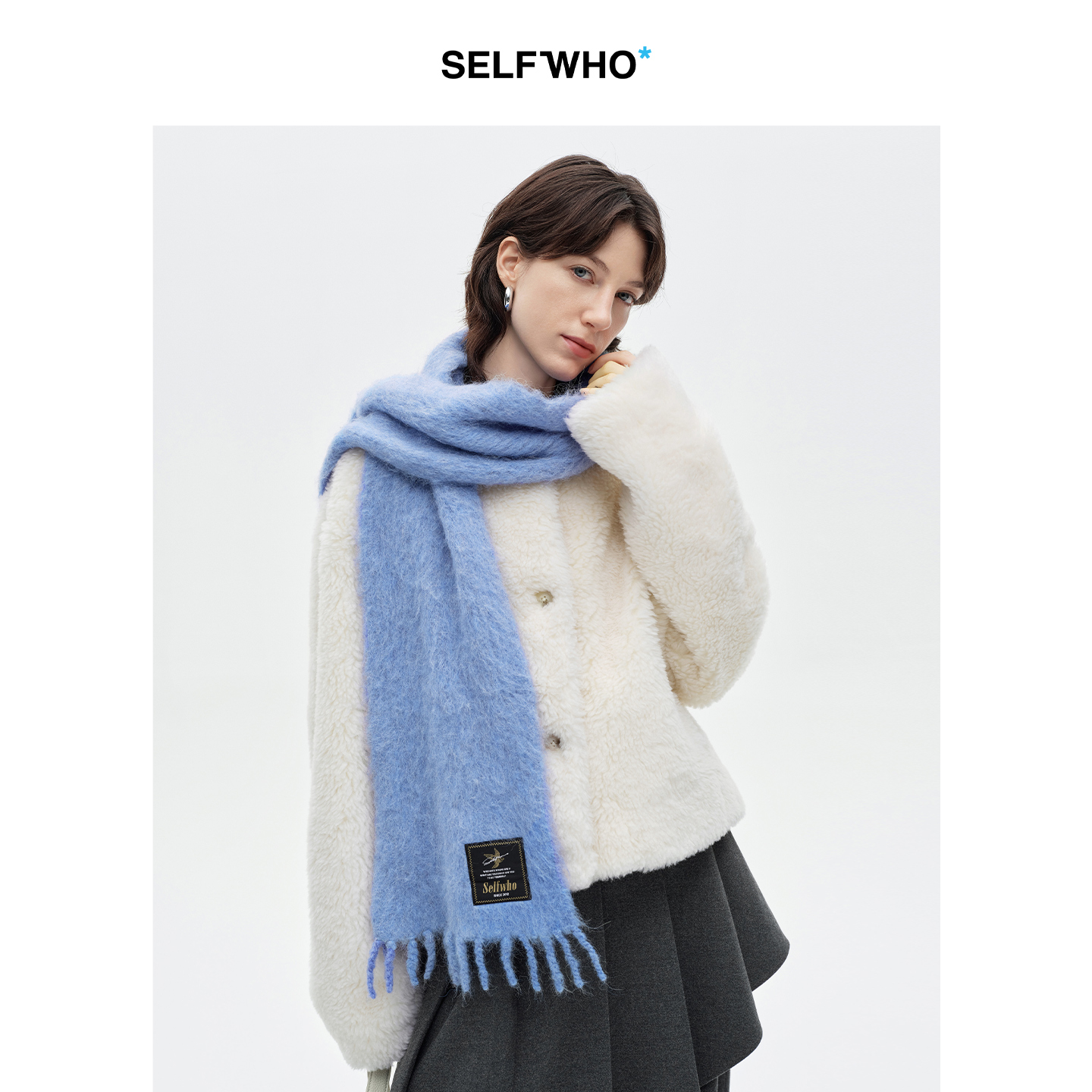 SELFWHO羊驼毛混纺小鸟唛装饰流苏围巾女2025冬新款保暖披肩围脖