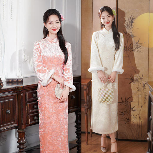 SKY 23065丝绒压花长袖旗袍修身旗袍裙 商品图0