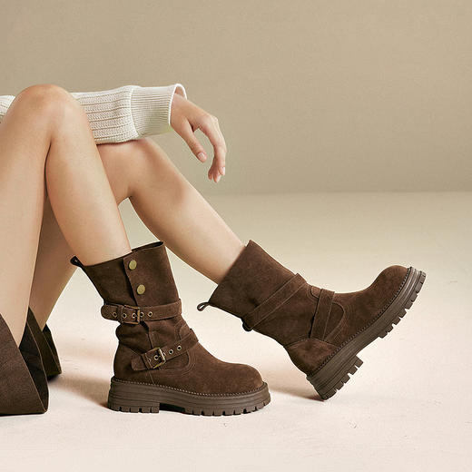 千百度复古厚底中筒西部牛仔靴女骑士靴美拉德长靴子A25533521 商品图2