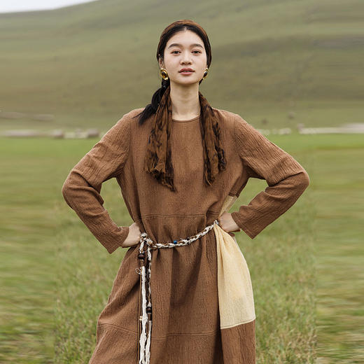 绽放703朵/羊毛棉拼接撞色肌理感长袖连衣裙复古文艺加厚保暖长裙 商品图0