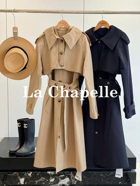专柜实拍【官网1k+两件套装】拉夏贝尔/La Chapelle摩登风范、挺括不凡高级感风衣套装提升气质长裙+坎肩外套