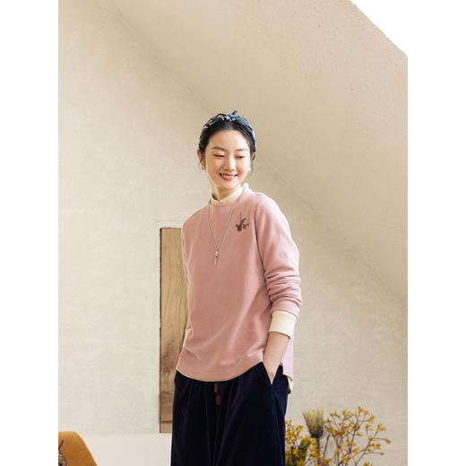 牧衣游原创 老虎与花手工刺绣纯棉T恤女冬季新款百搭长袖 林深云 商品图3