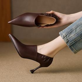 【预售5天】法式尖头细跟踝靴女秋冬羊皮深口单鞋气质高跟短靴QS&769
