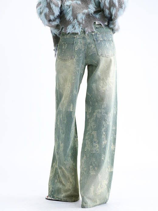 TR她热 城市匿行 蓝色做旧复古水洗提花显瘦低腰直筒牛仔裤 商品图4