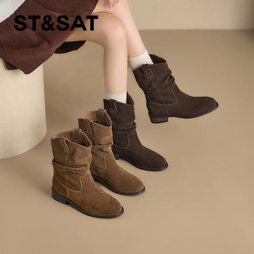 【绒里可选】星期六复古美拉德粗跟V扣堆堆靴SSD4116ECX 商品图5