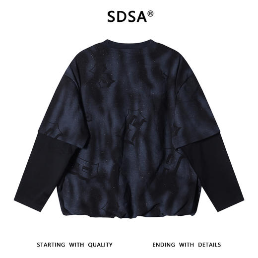 SDSA秋冬新款痞帅男装潮牌扎染满天星字母圆领假两件长袖T恤百搭 商品图5