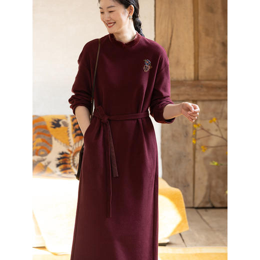牧衣游原创 手工刺绣纯棉连衣裙冬新款宽松舒适柔软红色长裙 茶韵 商品图1