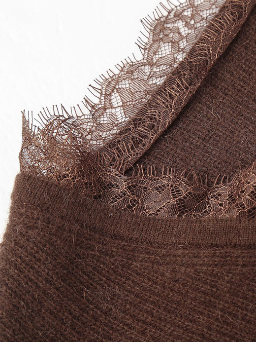 棕色 V 领蕾丝拼接单排扣针织开衫 秋冬温柔风泡泡袖短款毛衣外套 商品图2