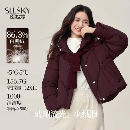【年货节】熙世界琥珀流光短款羽绒服女冬季2025年新款酒红色连帽白鸭绒外套 商品图0