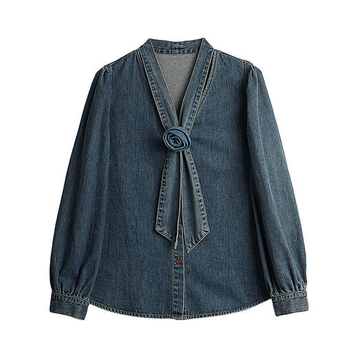 OLrain欧芮儿2025新款女秋季设计感立体花朵V领衬衣长袖牛仔衬衫 商品图3