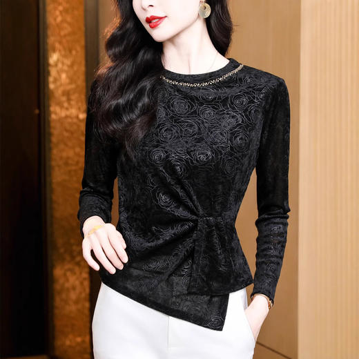 圆领钉珠洋气百搭，玫瑰丝绒打底衫修身显瘦t恤KQL-E37M2832 商品图2