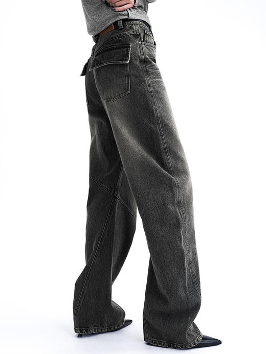 TR她热 黑刃 黑色水洗磨白设计感百搭显瘦中腰弯刀牛仔裤 商品图1