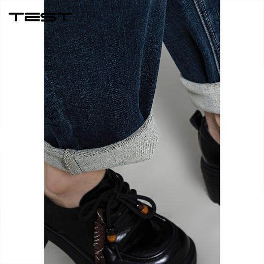 冬上新保暖复古穿搭必备高腰显瘦显腿直深蓝加绒卷边牛仔裤3254024 商品图6