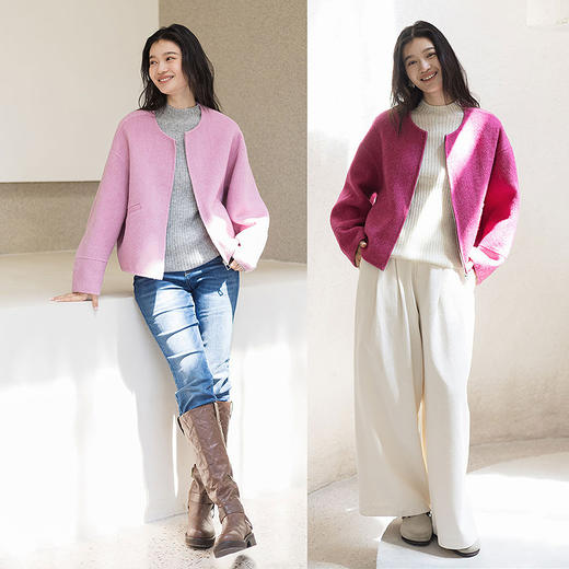 绽放717朵/绵羊毛兔毛廓形感落肩开襟拉链短款毛呢外套女冬呢大衣 商品图3