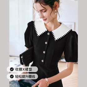 OLrain欧芮儿法式黑色娃娃领连衣裙女夏季2025新款收腰泡泡袖裙子