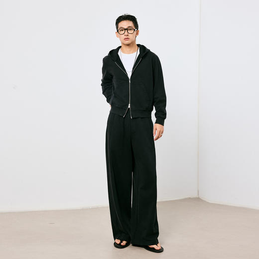 棉仓3671008001-450G重磅boxy短宽纯棉拉链连帽卫衣外套炒雪花水洗黑 商品图2