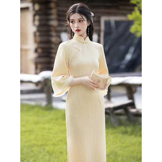 【浅花梨】新中式改良旗袍，春秋款黄色国风优雅长袖古法绝美LSB4055 商品图2