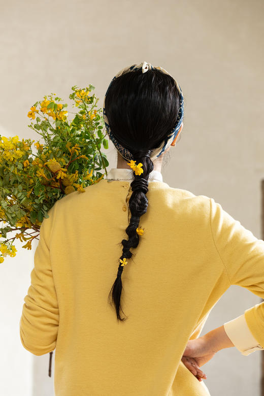牧衣游原创 老虎与花手工刺绣纯棉T恤女冬季新款百搭长袖 林深云 商品图5