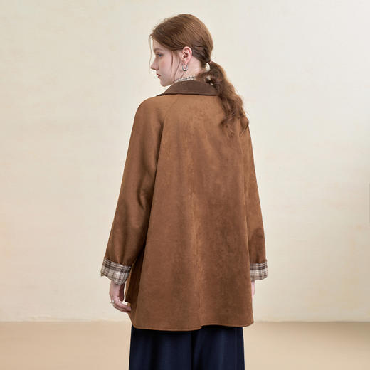 西遇格纹拼接翻领麂皮外套女秋季美拉德单排扣直筒中长款上衣V3355191 商品图4