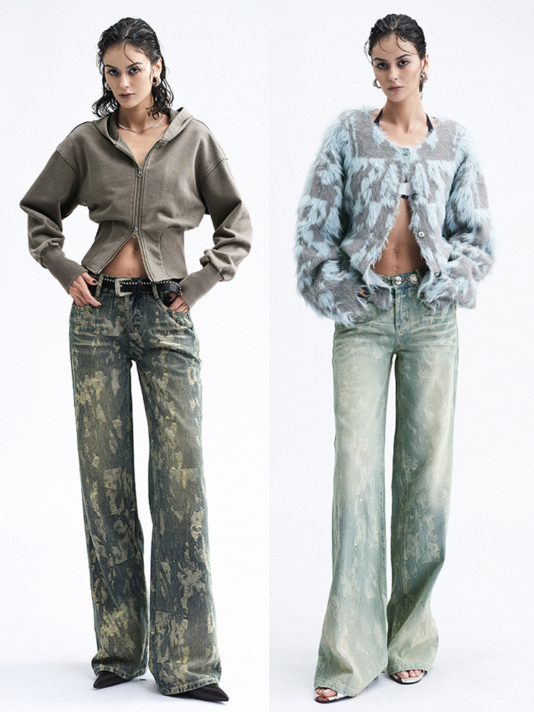 TR她热 城市匿行 蓝色做旧复古水洗提花显瘦低腰直筒牛仔裤