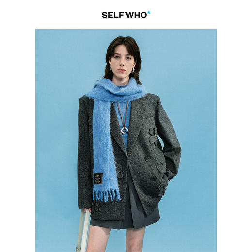 SELFWHO羊驼毛混纺小鸟唛装饰流苏围巾女2025冬新款保暖披肩围脖 商品图2