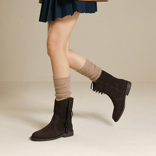 千百度低跟流苏西部靴女平底美拉德中筒骑士靴短靴A25570232 商品图1