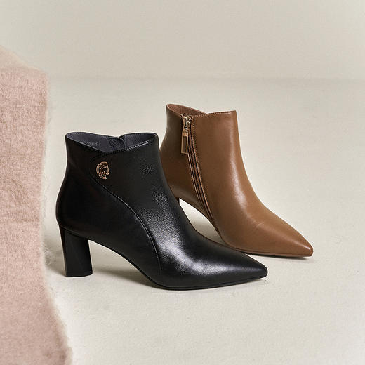 【静音系列】千百度粗高跟羊皮靴女尖头短靴时装靴A25571638 商品图1