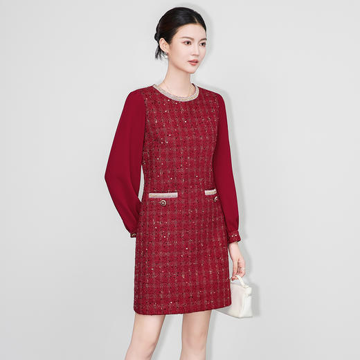 「高货wl」全新升级【铂金会员339/天猫459/差价120】(00055)洛诗琳轻奢小香风拼接连衣裙2025秋冬气质百搭显瘦A字裙 商品图0