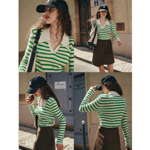 OLrain欧芮儿Polo领条纹毛衣女秋季2025年新款宽松撞色刺绣套头衫 商品图1