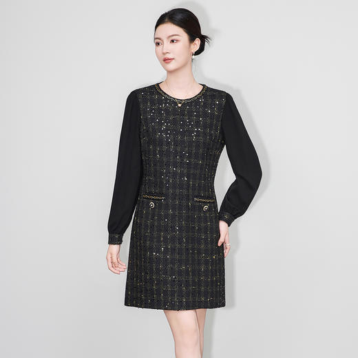 「高货wl」全新升级【铂金会员339/天猫459/差价120】(00055)洛诗琳轻奢小香风拼接连衣裙2025秋冬气质百搭显瘦A字裙 商品图1