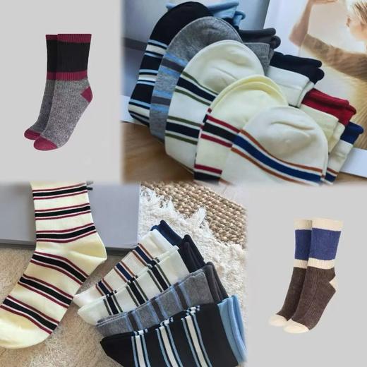 好好看！混纺拼色毛绒袜子 简约条纹中筒袜组合 商品图0