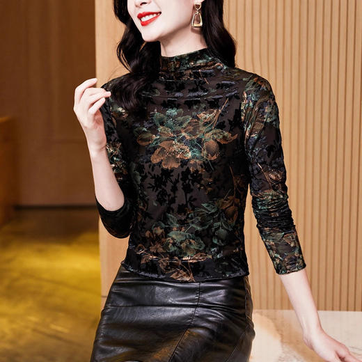 丝绒印花烫钻高领，长袖打底衫修身显瘦t恤KQL-E37M2918 商品图2