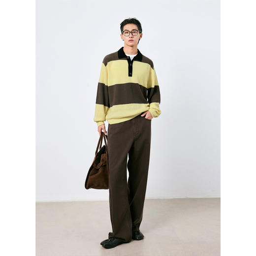 棉仓3671026003-【微醺时刻】条纹polo领毛衣男秋季宽松落肩羊毛衫 商品图2