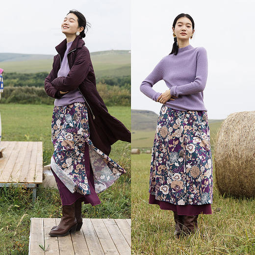 绽放700朵/亚麻棉复古印花双层半身长裙秋冬设计感舒适半身裙新款 商品图1