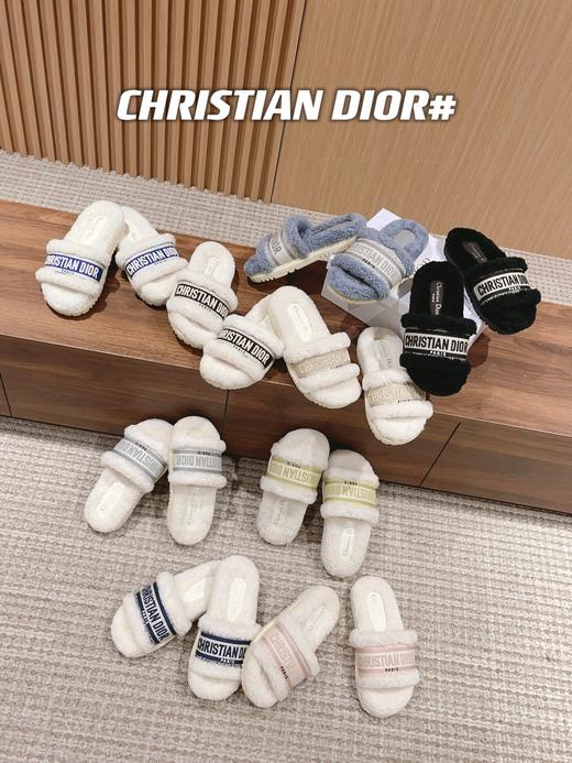 迪奥刺绣条纹logo加绒毛里一字平底拖鞋（DBG） 商品图3