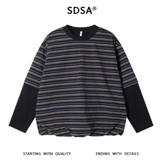 T4929SDSA秋冬新款痞帅男装韩系撞色条纹圆领假两件长袖T恤休闲上衣 商品图1