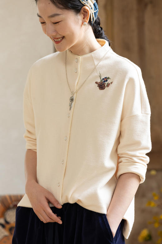 牧衣游原创 老虎与花手工刺绣纯棉短外套冬文艺百搭简约开衫 漫巷 商品图5