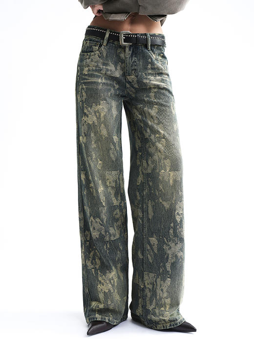 TR她热 城市匿行 蓝色做旧复古水洗提花显瘦低腰直筒牛仔裤 商品图3