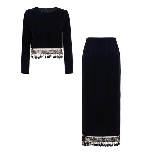 「高货wl」全新升级【铂金会员330/天猫439/差价109】(99400)洛诗琳2025秋冬法式气质丝绒上衣高腰直筒半身裙两件套 商品图4