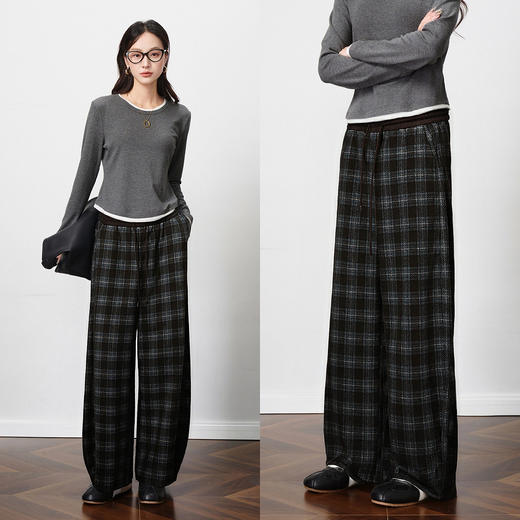 OLrain欧芮儿2025新款女冬季撞色格子慵懒宽松毛呢弯刀休闲裤长裤 商品图2