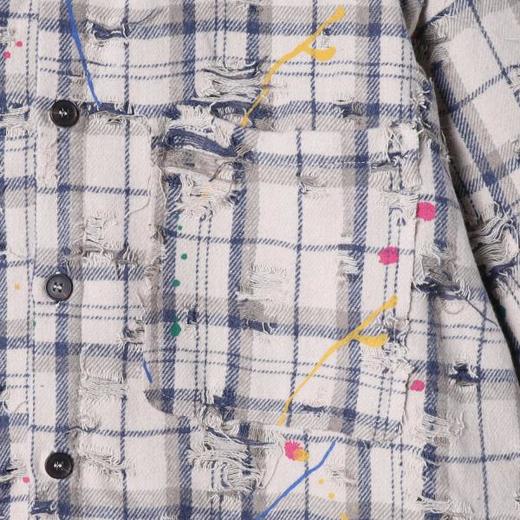 SDSA男士秋冬新款痞帅男装潮牌撞色格纹磨破泼墨翻领衬衫百搭宽松 商品图2