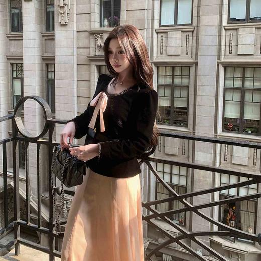 LIN BOUTIQUE 蝴蝶结撞色丝绒短款外套+多片式分割半裙套装女 商品图4