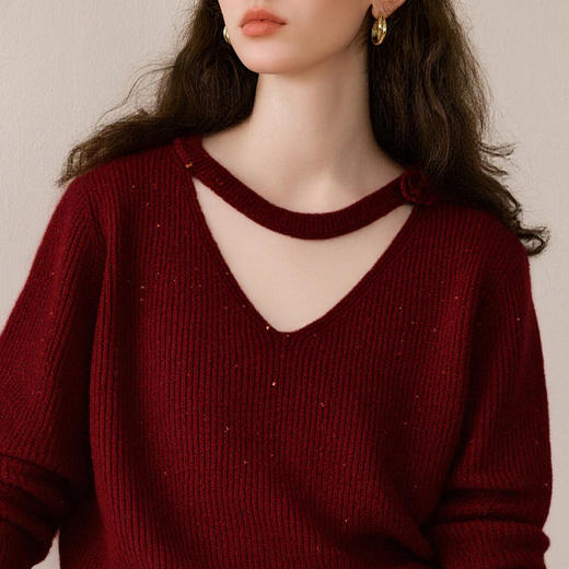 OLrain欧芮儿2025新款女冬季法式显白红色珠片V领挂脖套头毛衣 商品图1